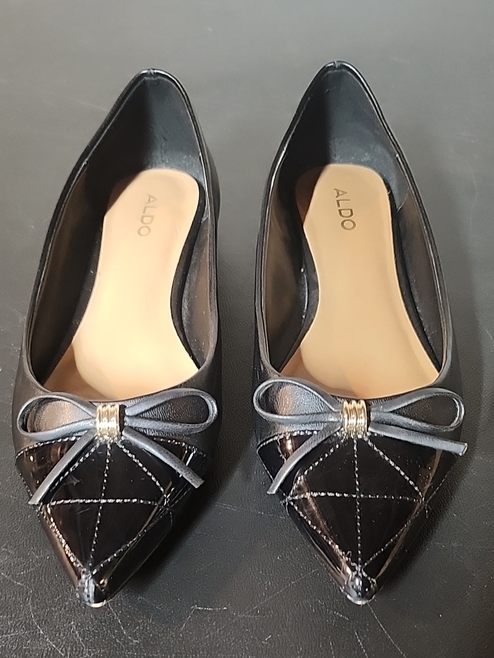 ALDO Madelyn  Black Patent Pointed Toe Bow Flats with Gold Accent